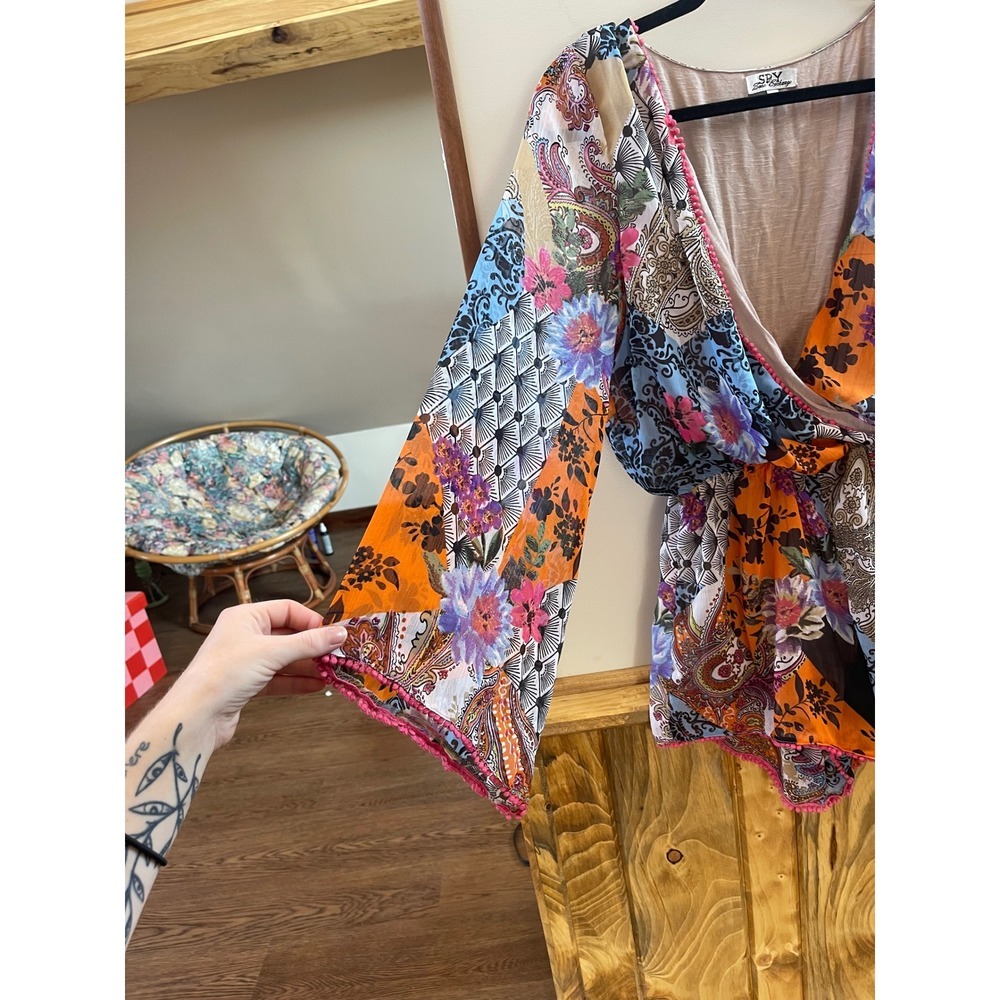 Spy Zone Exchange Patchwork Floral Paisley Pom Pom Trim Bell Sleeve Romper Small - Picture 5 of 8